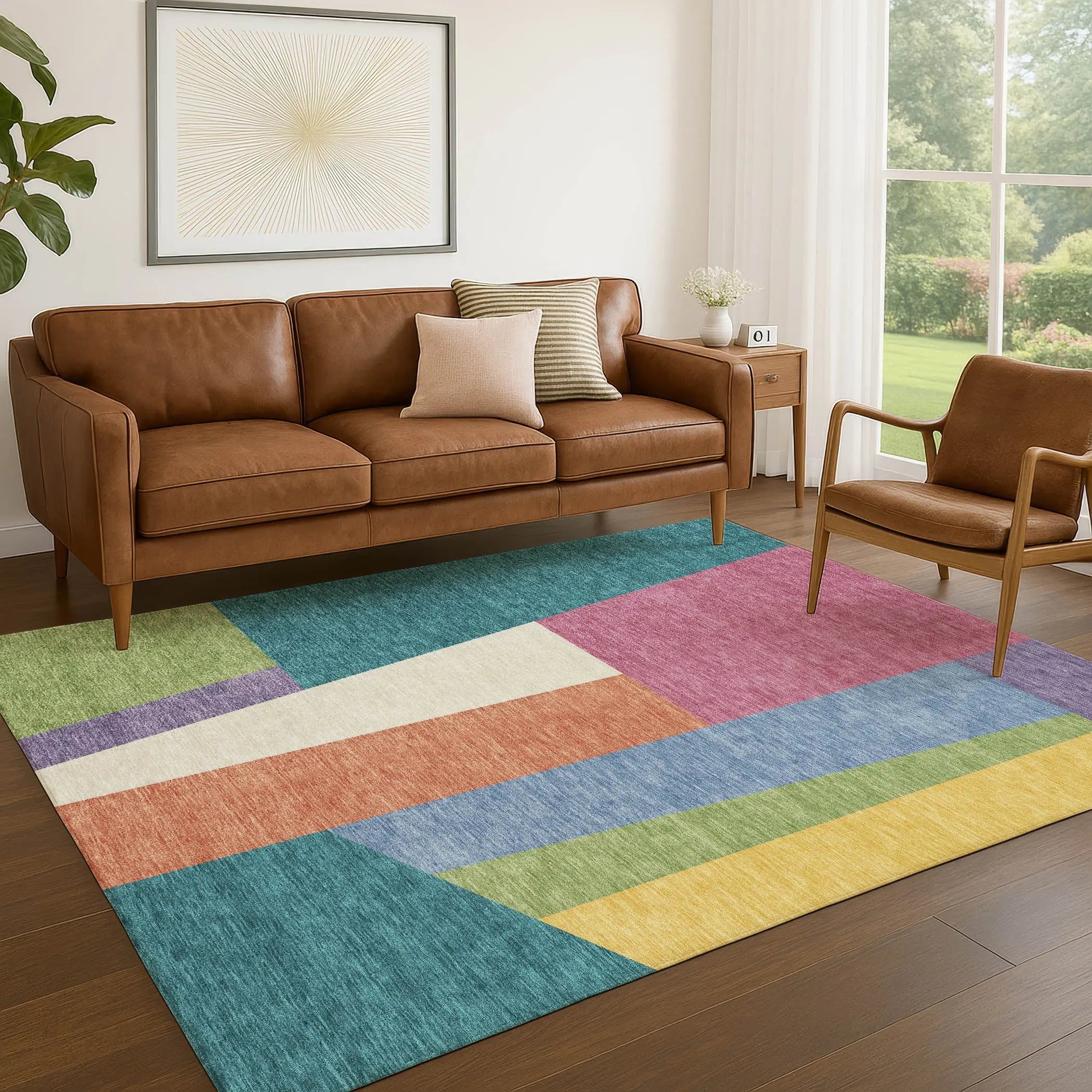 8' X 10' Teal Blue And Blush Geometric Washable Indoor Outdoor Area Rug Homeroots Outdoor