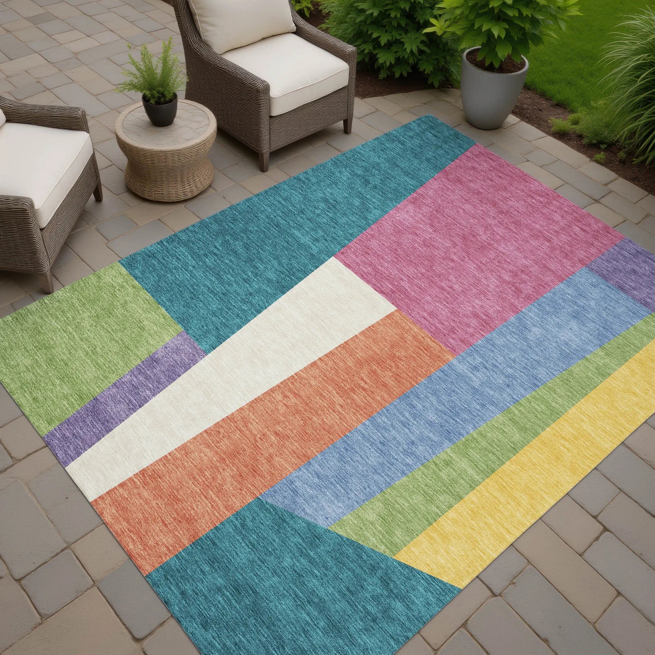 8' X 10' Teal Blue And Blush Geometric Washable Indoor Outdoor Area Rug Homeroots Outdoor