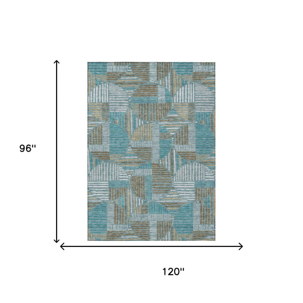 8' X 10' Teal Blue And Brown Geometric Washable Indoor Outdoor Area Rug Homeroots Outdoor