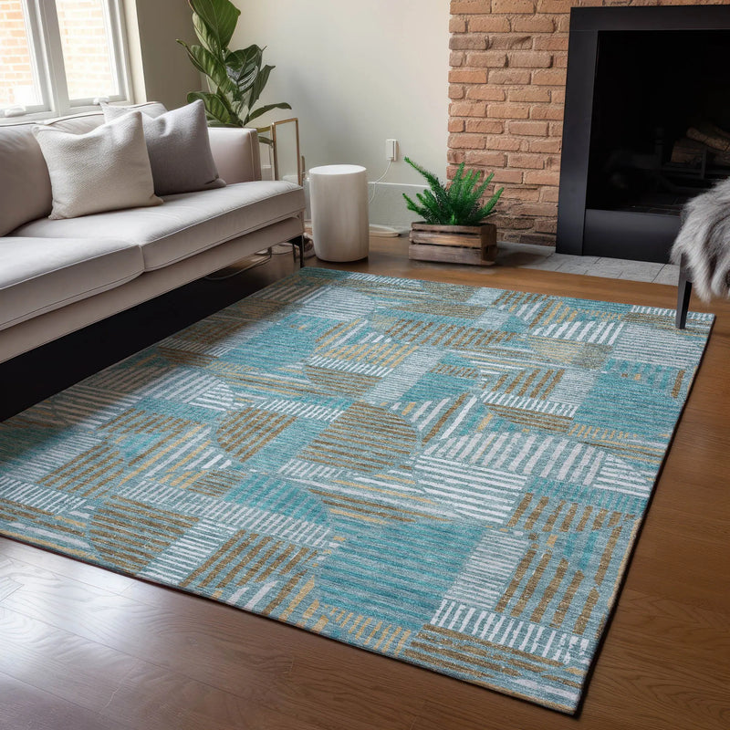 8' X 10' Teal Blue And Brown Geometric Washable Indoor Outdoor Area Rug Homeroots Outdoor