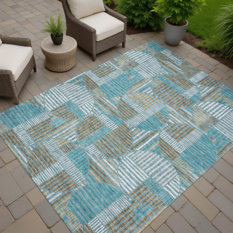 8' X 10' Teal Blue And Brown Geometric Washable Indoor Outdoor Area Rug Homeroots Outdoor