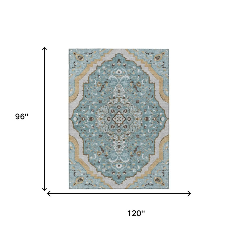 8' X 10' Teal Blue And Brown Medallion Washable Indoor Outdoor Area Rug Homeroots Outdoor
