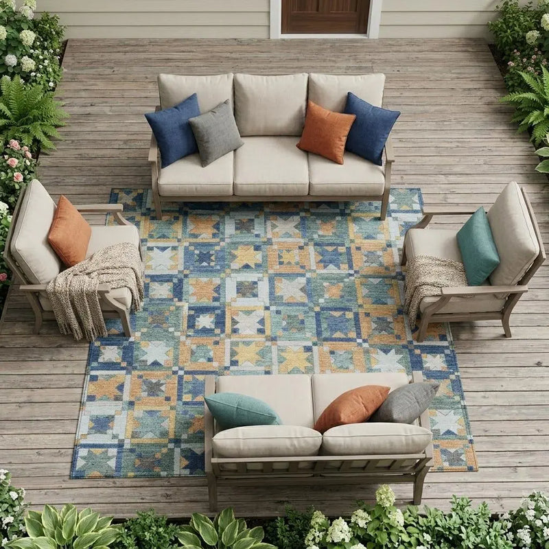 8' X 10' Teal Blue And Copper Patchwork Washable Indoor Outdoor Area Rug Homeroots Outdoor
