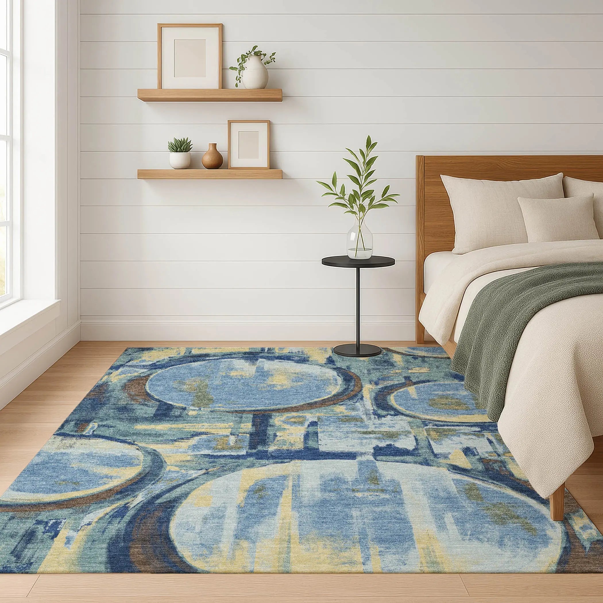 8' X 10' Teal Blue And Denim Blue Abstract Washable Indoor Outdoor Area Rug Homeroots Outdoor