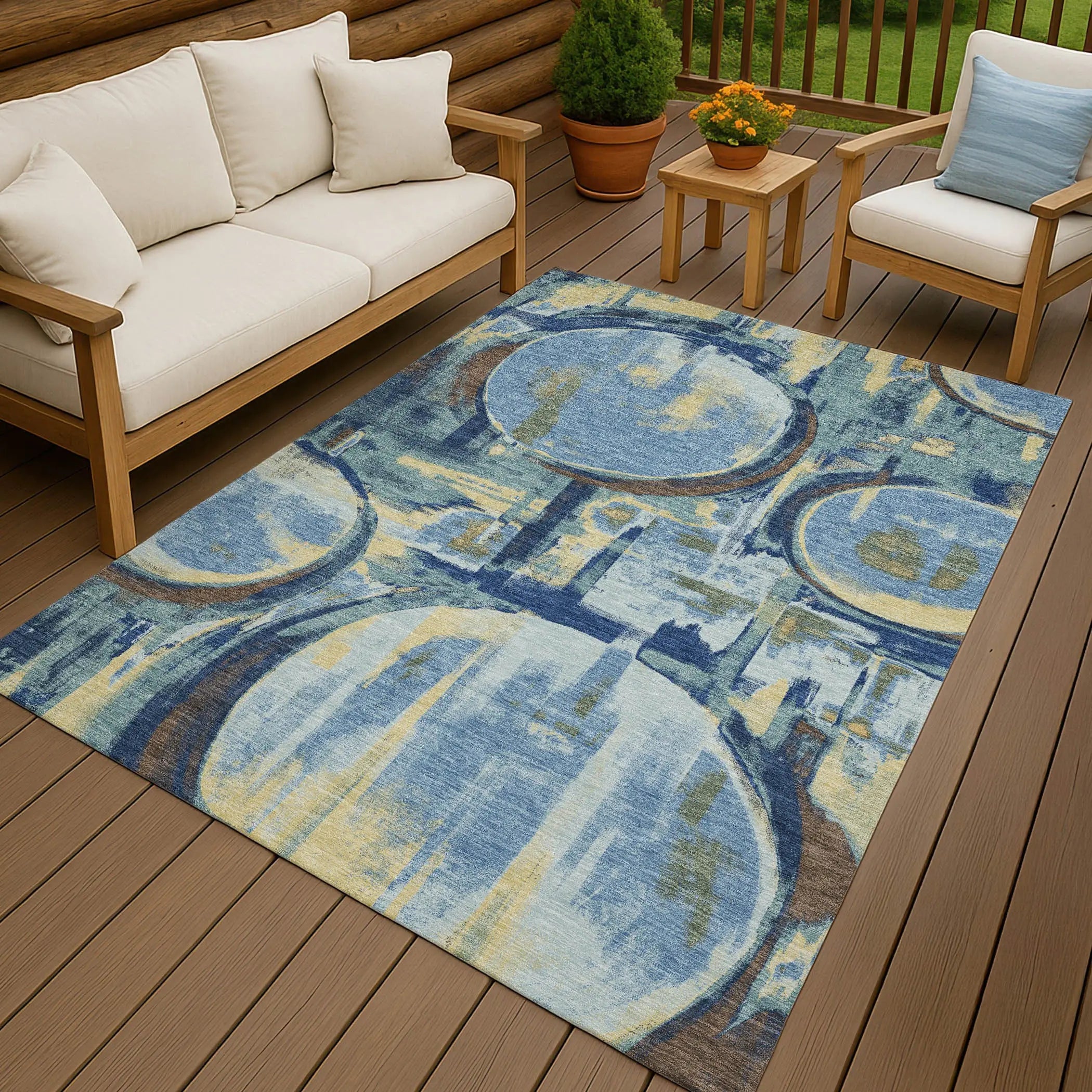 8' X 10' Teal Blue And Denim Blue Abstract Washable Indoor Outdoor Area Rug Homeroots Outdoor