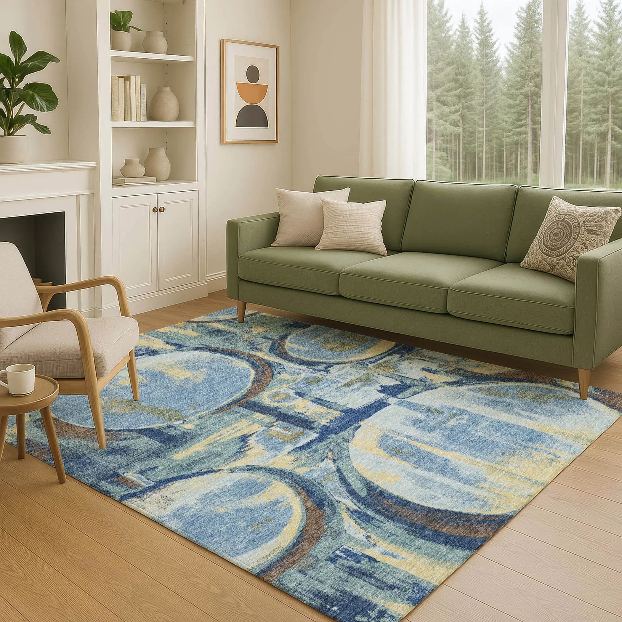 8' X 10' Teal Blue And Denim Blue Abstract Washable Indoor Outdoor Area Rug Homeroots Outdoor
