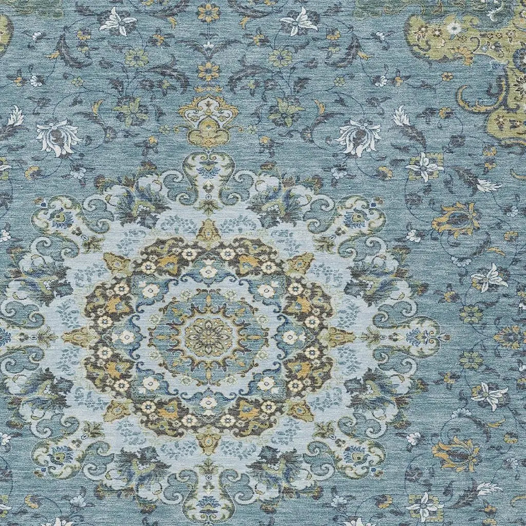 8' X 10' Teal Blue And Gold Floral Medallion Washable Indoor Outdoor Area Rug Homeroots Outdoor