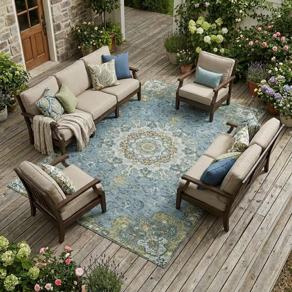 8' X 10' Teal Blue And Gold Floral Medallion Washable Indoor Outdoor Area Rug Homeroots Outdoor