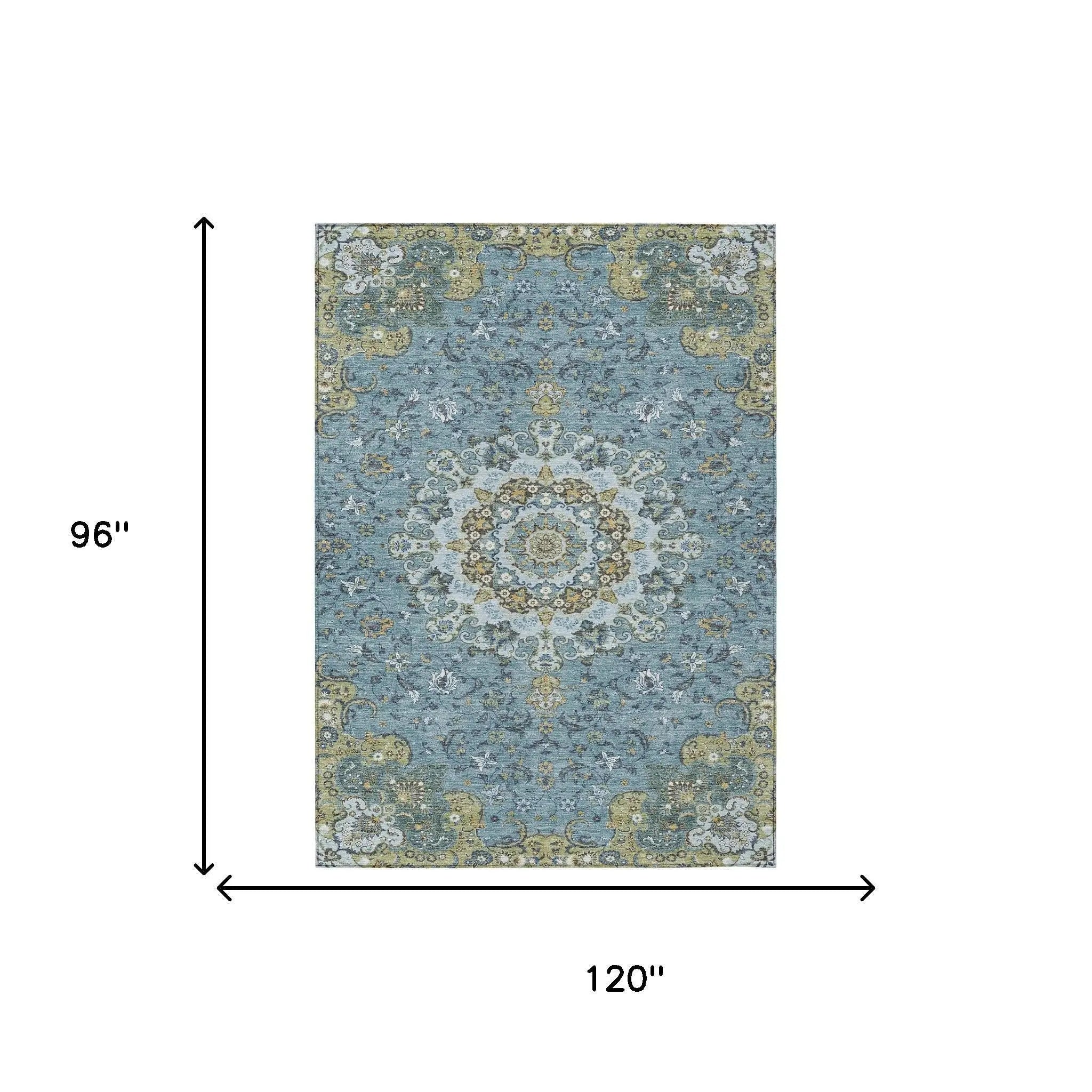 8' X 10' Teal Blue And Gold Floral Medallion Washable Indoor Outdoor Area Rug Homeroots Outdoor