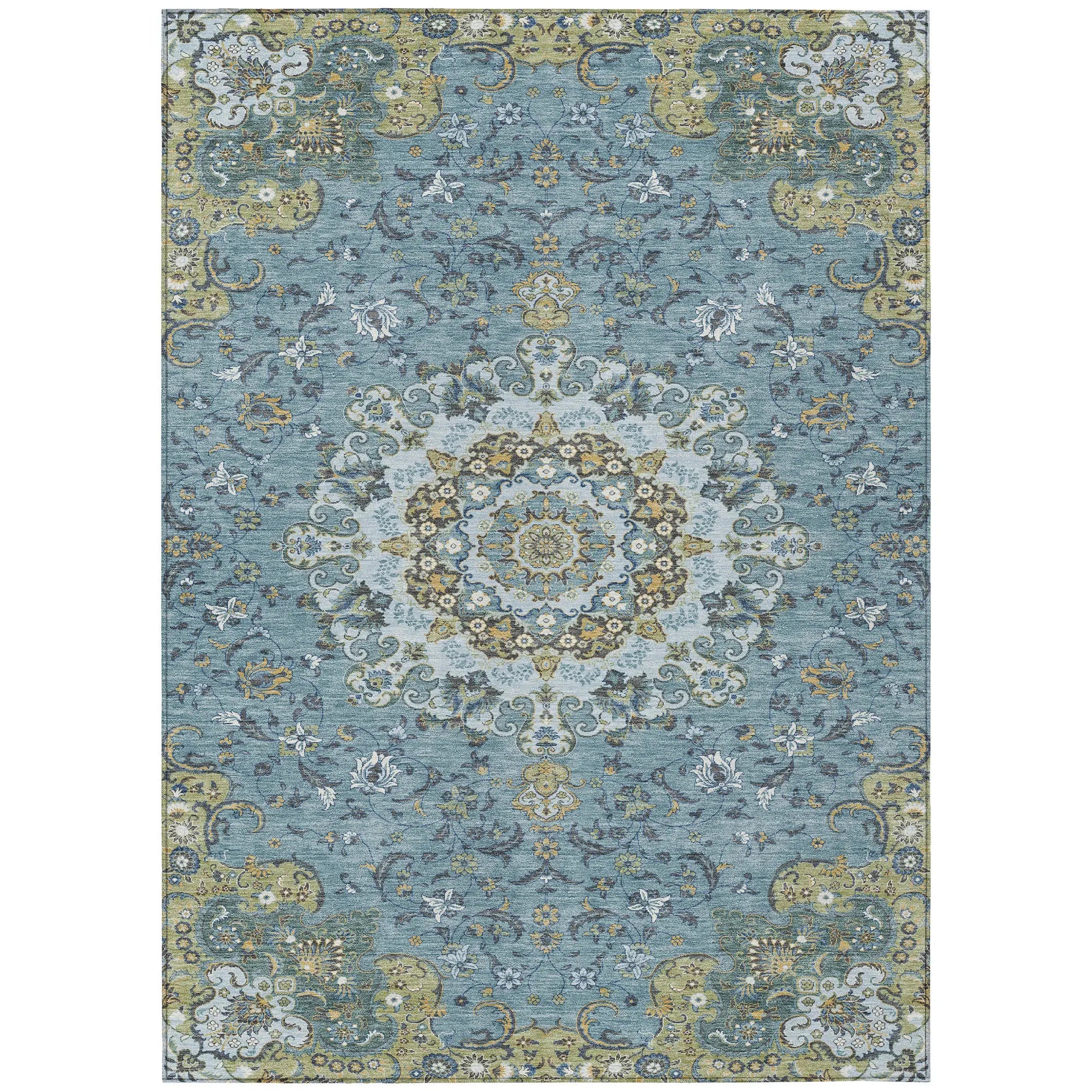 8' X 10' Teal Blue And Gold Floral Medallion Washable Indoor Outdoor Area Rug Homeroots Outdoor