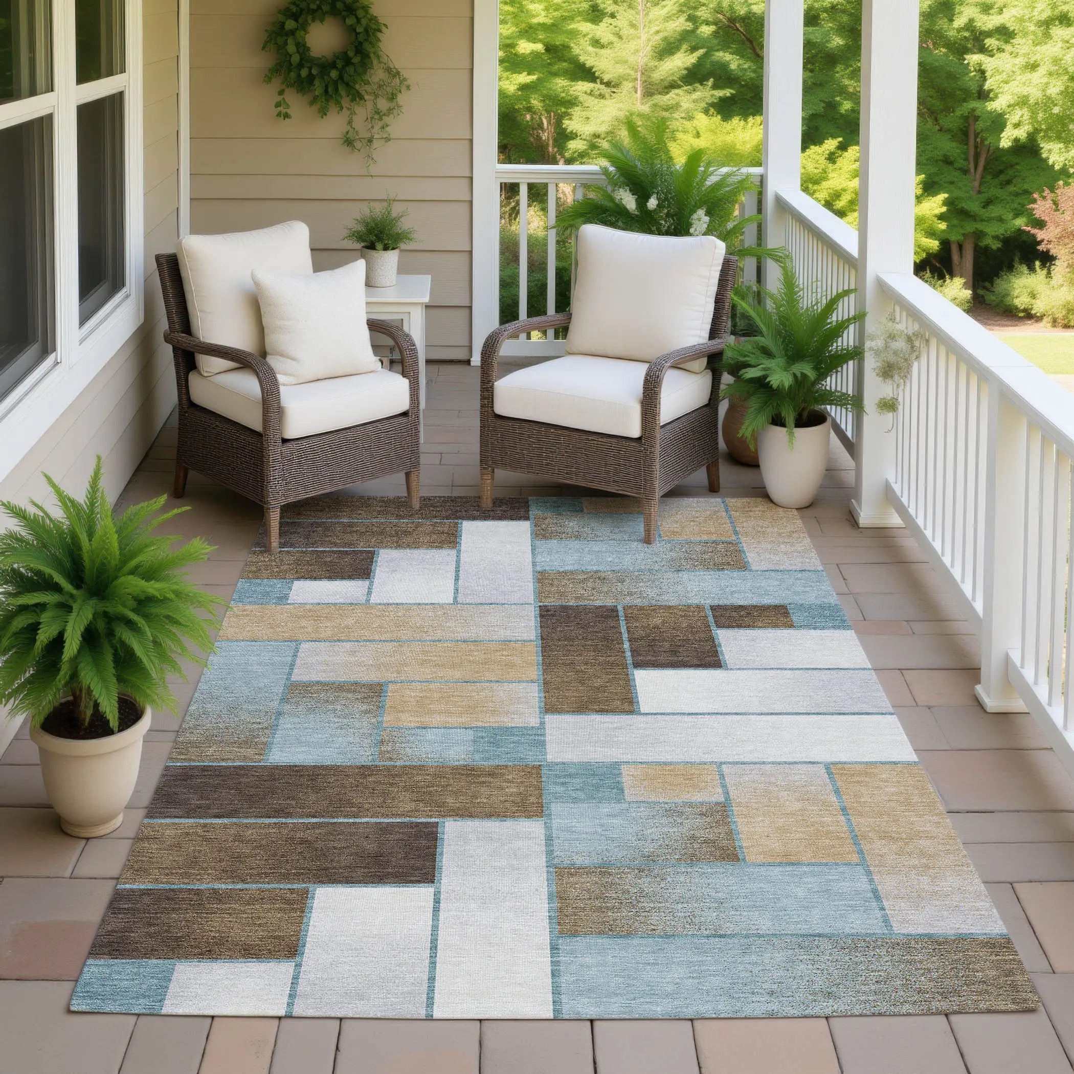 8' X 10' Teal Blue And Gold Geometric Washable Indoor Outdoor Area Rug Homeroots Outdoor