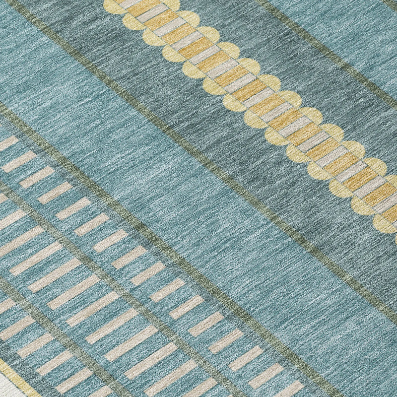 8' X 10' Teal Blue And Gold Striped Washable Indoor Outdoor Area Rug Homeroots Outdoor