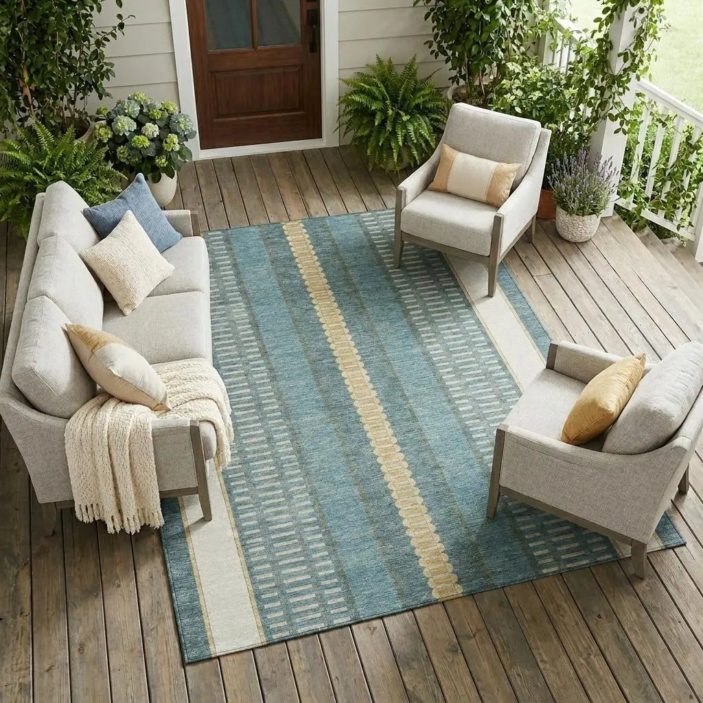 8' X 10' Teal Blue And Gold Striped Washable Indoor Outdoor Area Rug Homeroots Outdoor