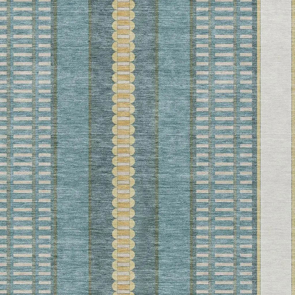 8' X 10' Teal Blue And Gold Striped Washable Indoor Outdoor Area Rug Homeroots Outdoor