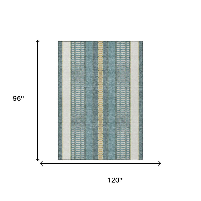 8' X 10' Teal Blue And Gold Striped Washable Indoor Outdoor Area Rug Homeroots Outdoor