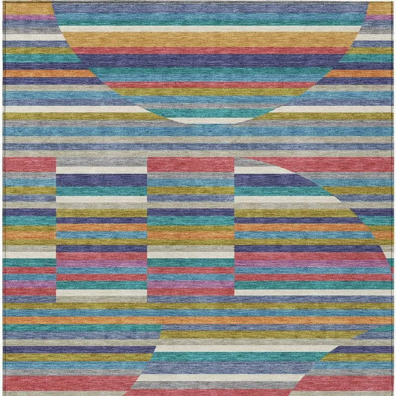 8' X 10' Teal Blue And Gold Striped Washable Indoor Outdoor Area Rug Homeroots Outdoor