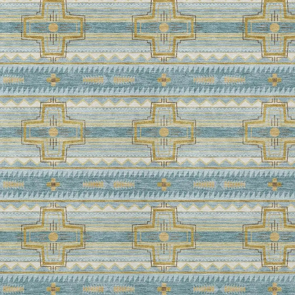 8' X 10' Teal Blue And Gold Tribal Washable Indoor Outdoor Area Rug Homeroots Outdoor