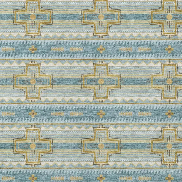 8' X 10' Teal Blue And Gold Tribal Washable Indoor Outdoor Area Rug Homeroots Outdoor