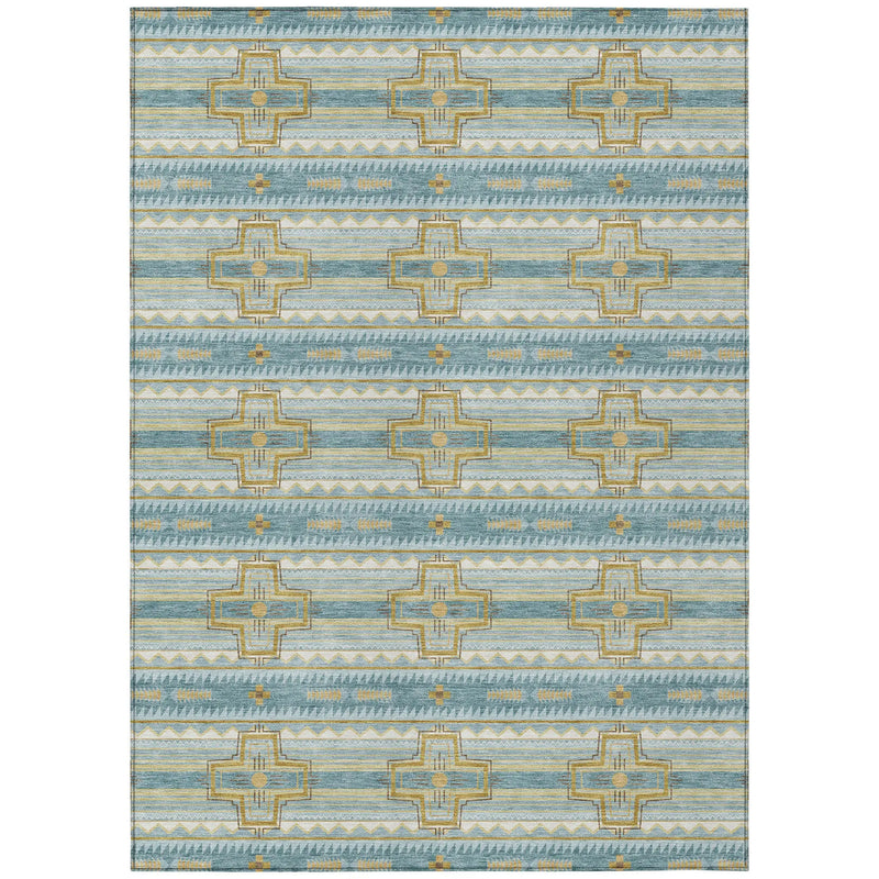 8' X 10' Teal Blue And Gold Tribal Washable Indoor Outdoor Area Rug Homeroots Outdoor