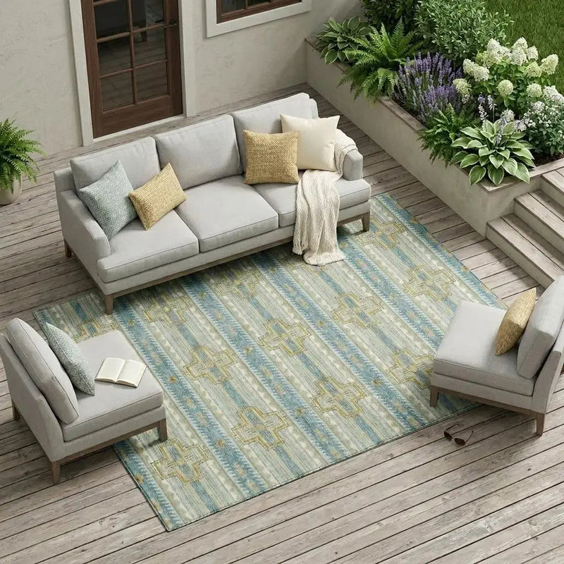 8' X 10' Teal Blue And Gold Tribal Washable Indoor Outdoor Area Rug Homeroots Outdoor