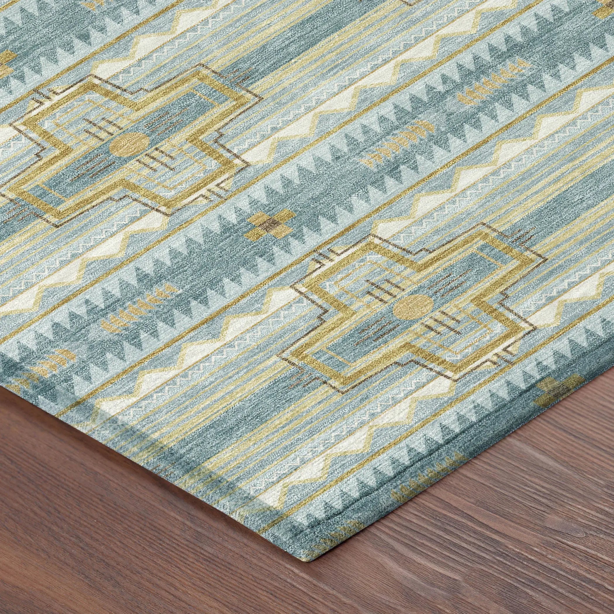 8' X 10' Teal Blue And Gold Tribal Washable Indoor Outdoor Area Rug Homeroots Outdoor