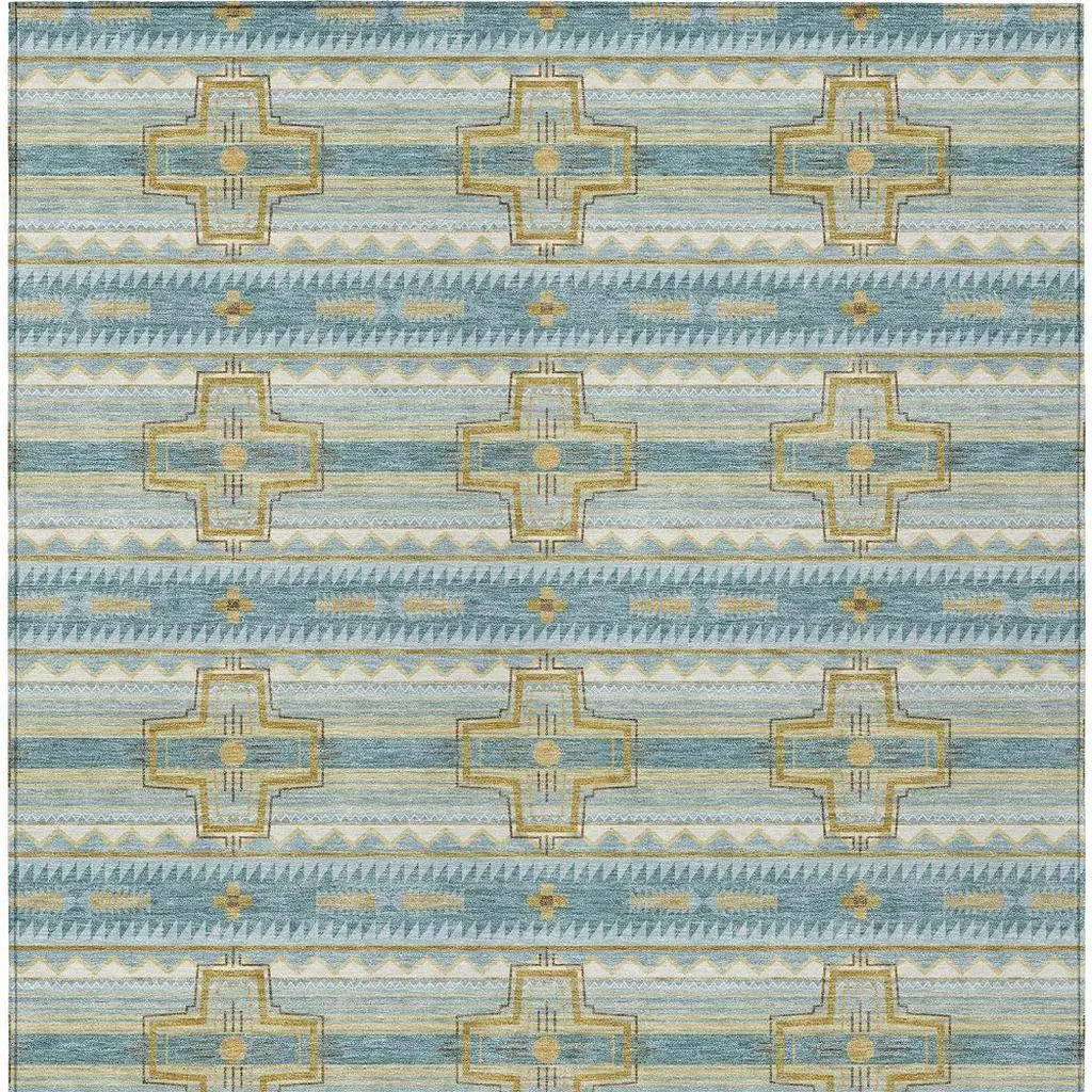 8' X 10' Teal Blue And Gold Tribal Washable Indoor Outdoor Area Rug Homeroots Outdoor