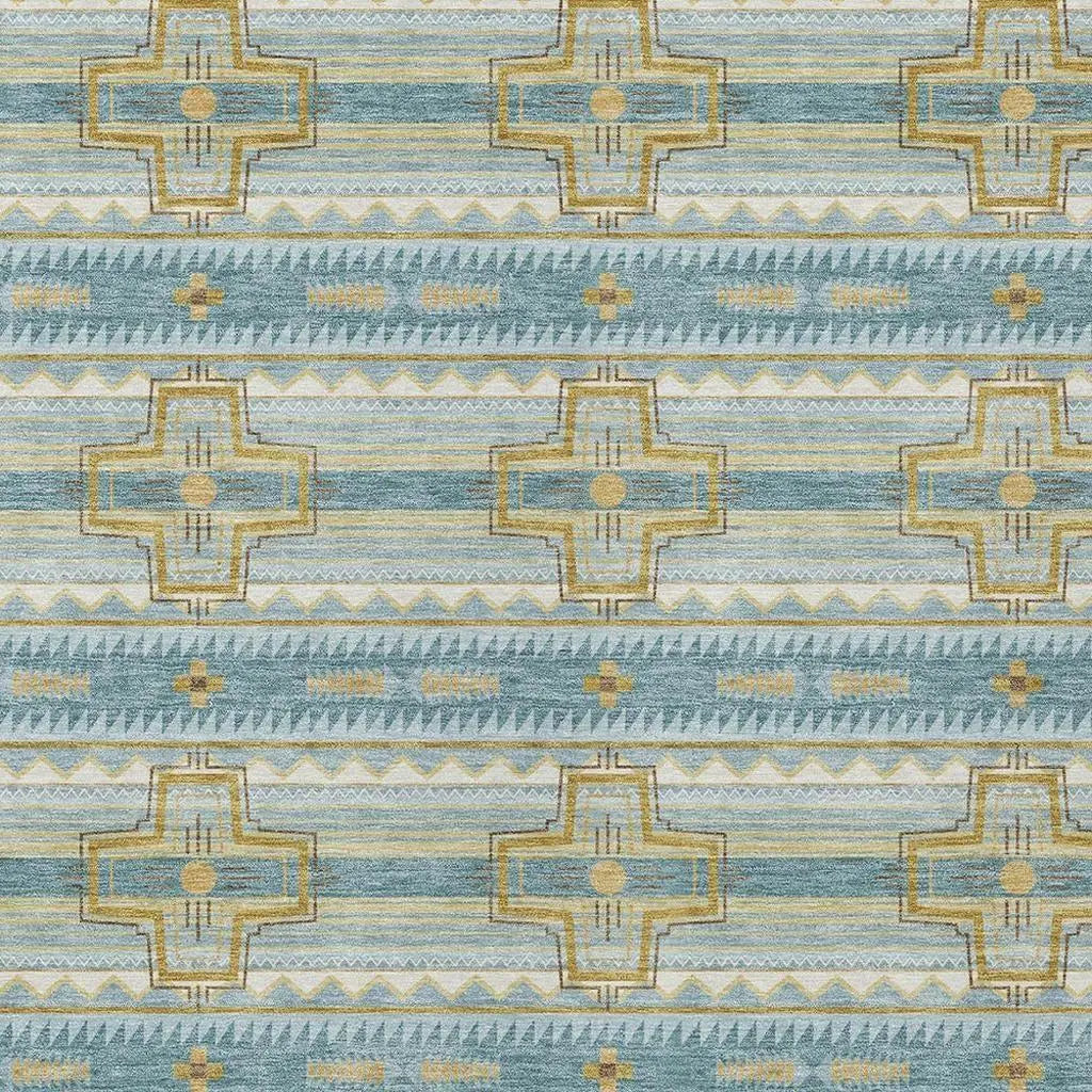 8' X 10' Teal Blue And Gold Tribal Washable Indoor Outdoor Area Rug Homeroots Outdoor