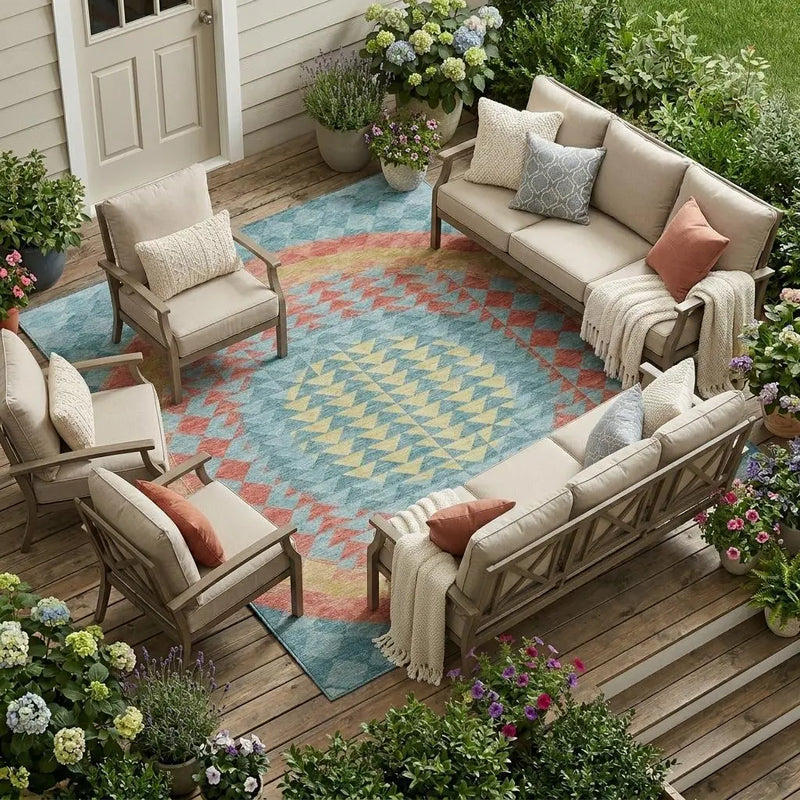 8' X 10' Teal Blue And Granite Gray Geometric Washable Indoor Outdoor Area Rug Homeroots Outdoor