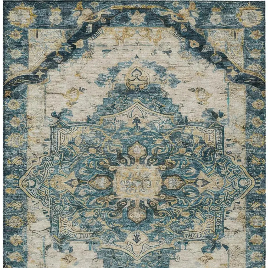 8' X 10' Teal Blue And Graphite Floral Medallion Washable Indoor Outdoor Area Rug Homeroots Outdoor
