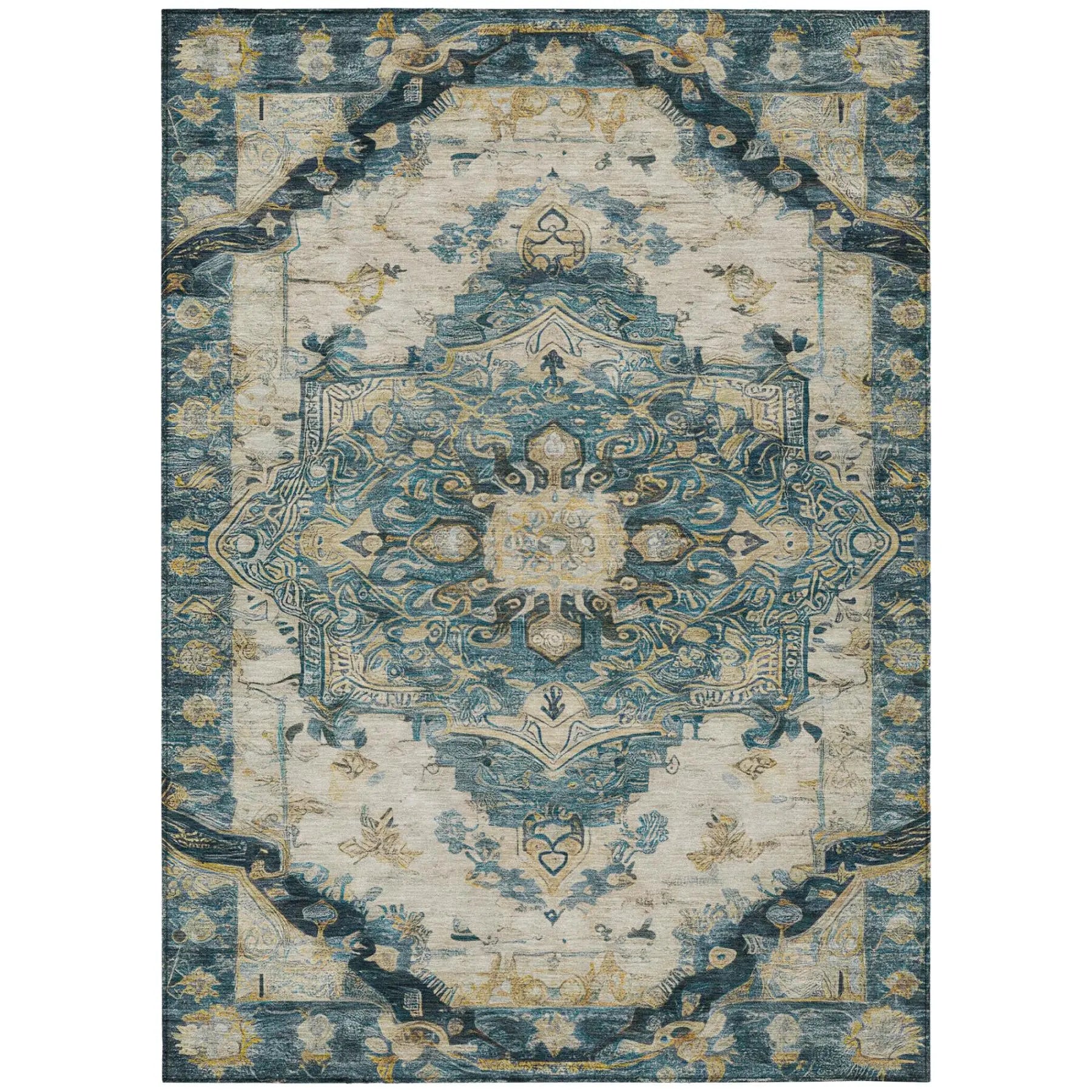 8' X 10' Teal Blue And Graphite Floral Medallion Washable Indoor Outdoor Area Rug Homeroots Outdoor