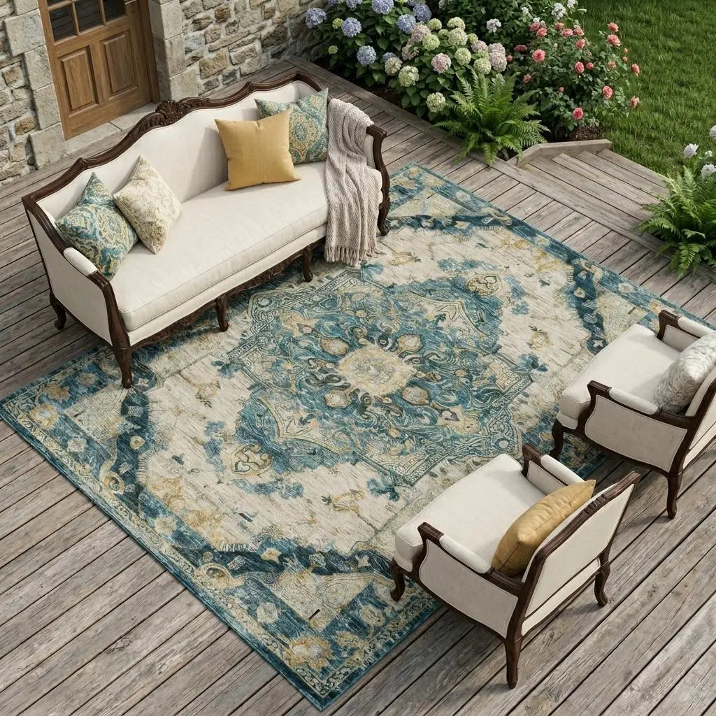 8' X 10' Teal Blue And Graphite Floral Medallion Washable Indoor Outdoor Area Rug Homeroots Outdoor