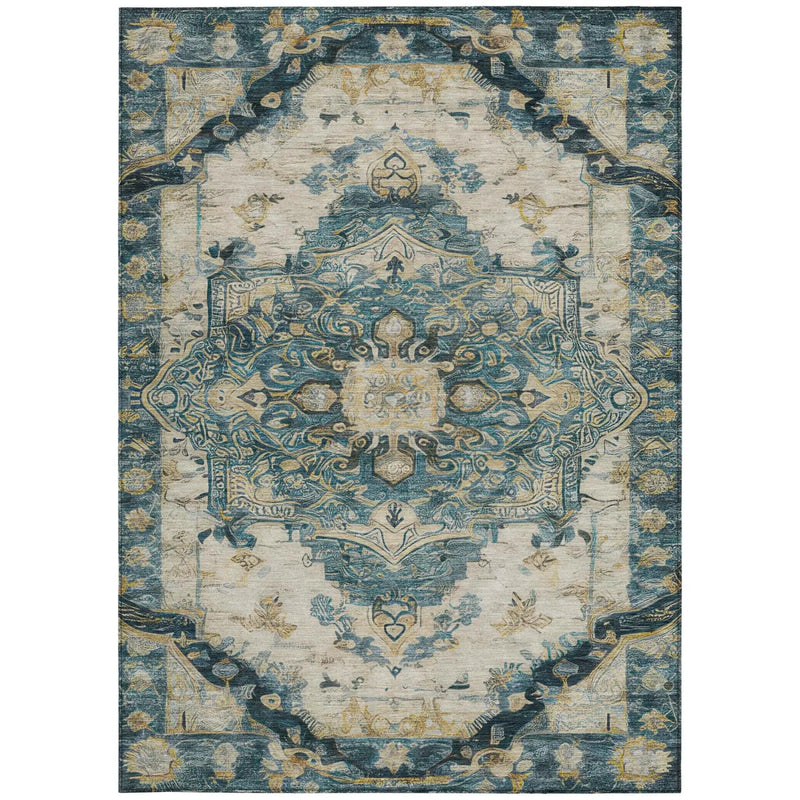 8' X 10' Teal Blue And Graphite Floral Medallion Washable Indoor Outdoor Area Rug Homeroots Outdoor