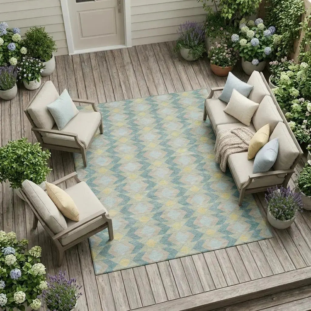 8' X 10' Teal Blue And Graphite Geometric Washable Indoor Outdoor Area Rug Homeroots Outdoor