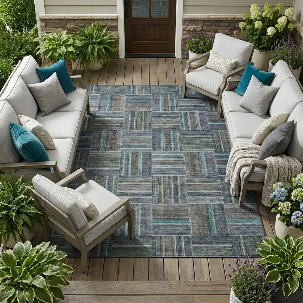 8' X 10' Teal Blue And Graphite Geometric Washable Indoor Outdoor Area Rug Homeroots Outdoor