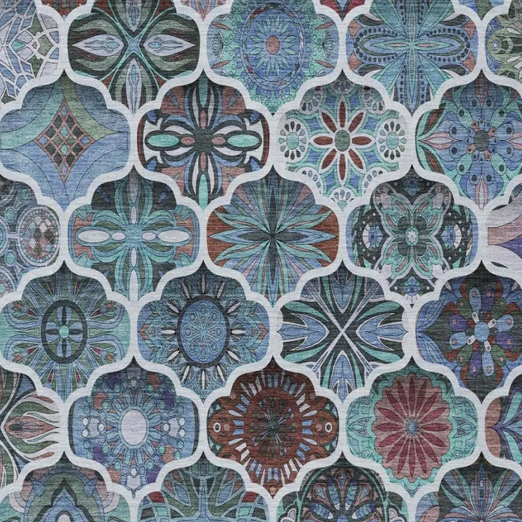 8' X 10' Teal Blue And Graphite Ogee Washable Indoor Outdoor Area Rug Homeroots Outdoor