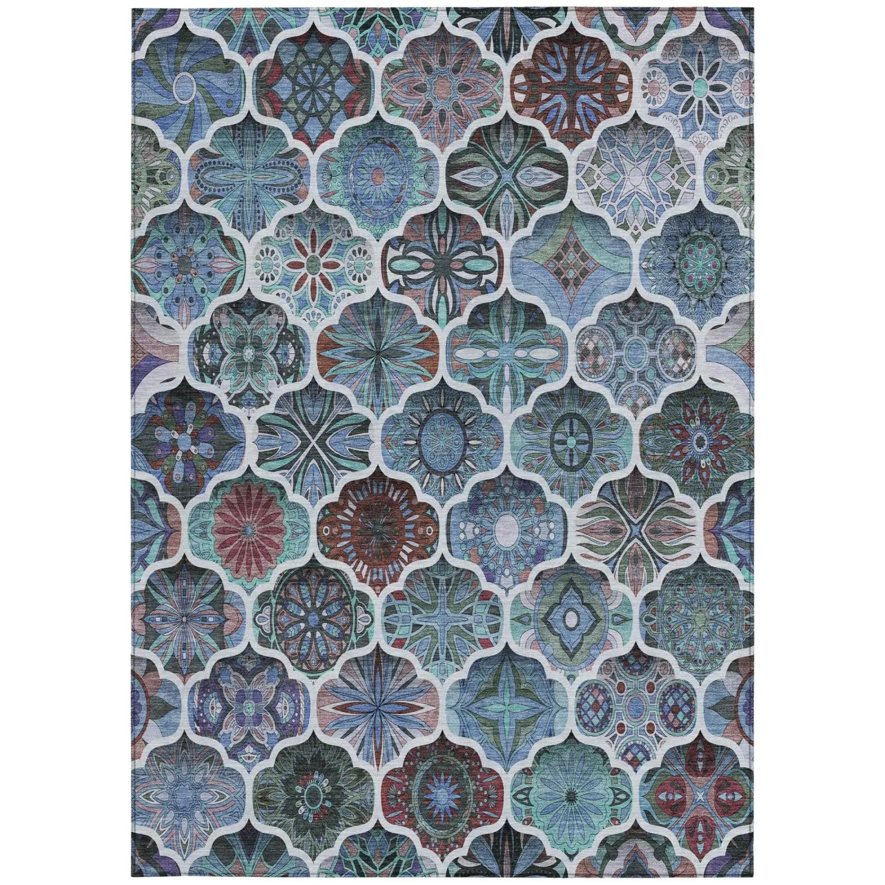 8' X 10' Teal Blue And Graphite Ogee Washable Indoor Outdoor Area Rug Homeroots Outdoor