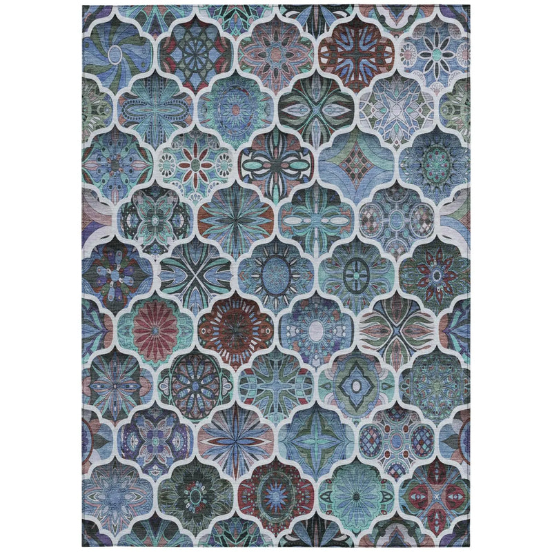 8' X 10' Teal Blue And Graphite Ogee Washable Indoor Outdoor Area Rug Homeroots Outdoor