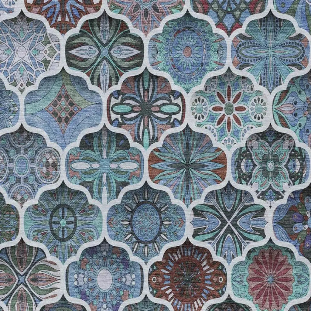8' X 10' Teal Blue And Graphite Ogee Washable Indoor Outdoor Area Rug Homeroots Outdoor