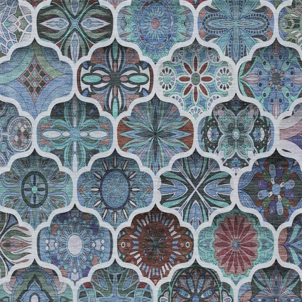 8' X 10' Teal Blue And Graphite Ogee Washable Indoor Outdoor Area Rug Homeroots Outdoor