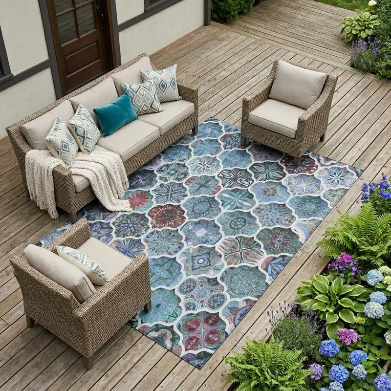 8' X 10' Teal Blue And Graphite Ogee Washable Indoor Outdoor Area Rug Homeroots Outdoor