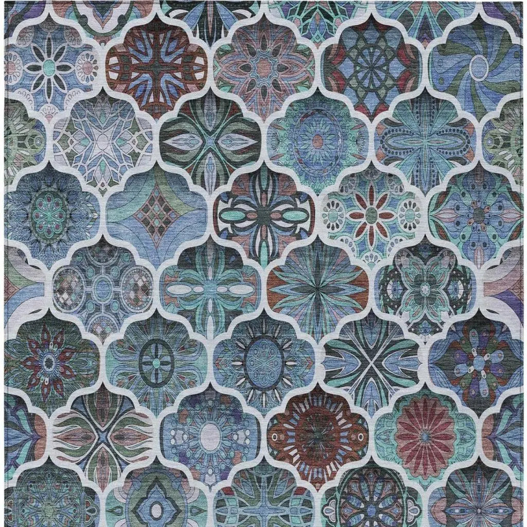 8' X 10' Teal Blue And Graphite Ogee Washable Indoor Outdoor Area Rug Homeroots Outdoor