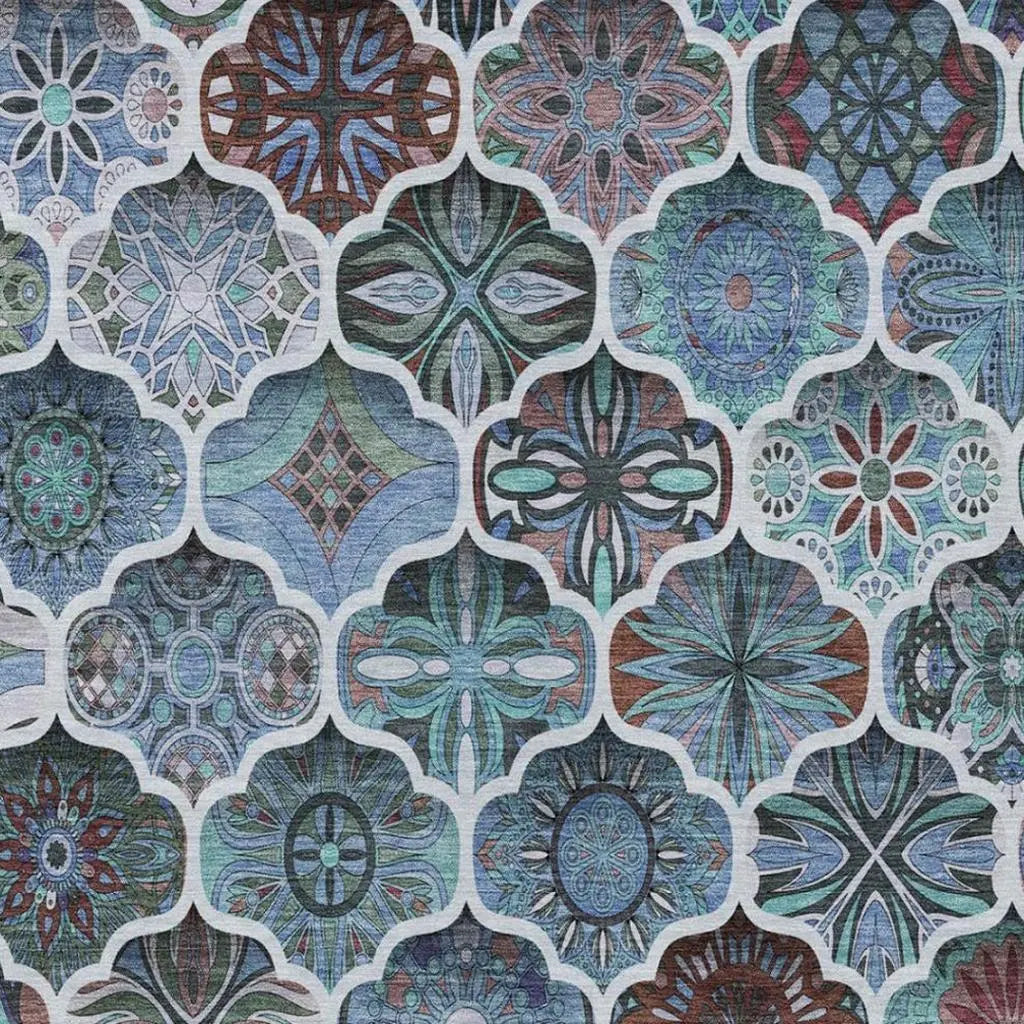 8' X 10' Teal Blue And Graphite Ogee Washable Indoor Outdoor Area Rug Homeroots Outdoor