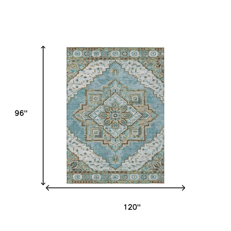 8' X 10' Teal Blue And Graphite Oriental Washable Indoor Outdoor Area Rug Homeroots Outdoor