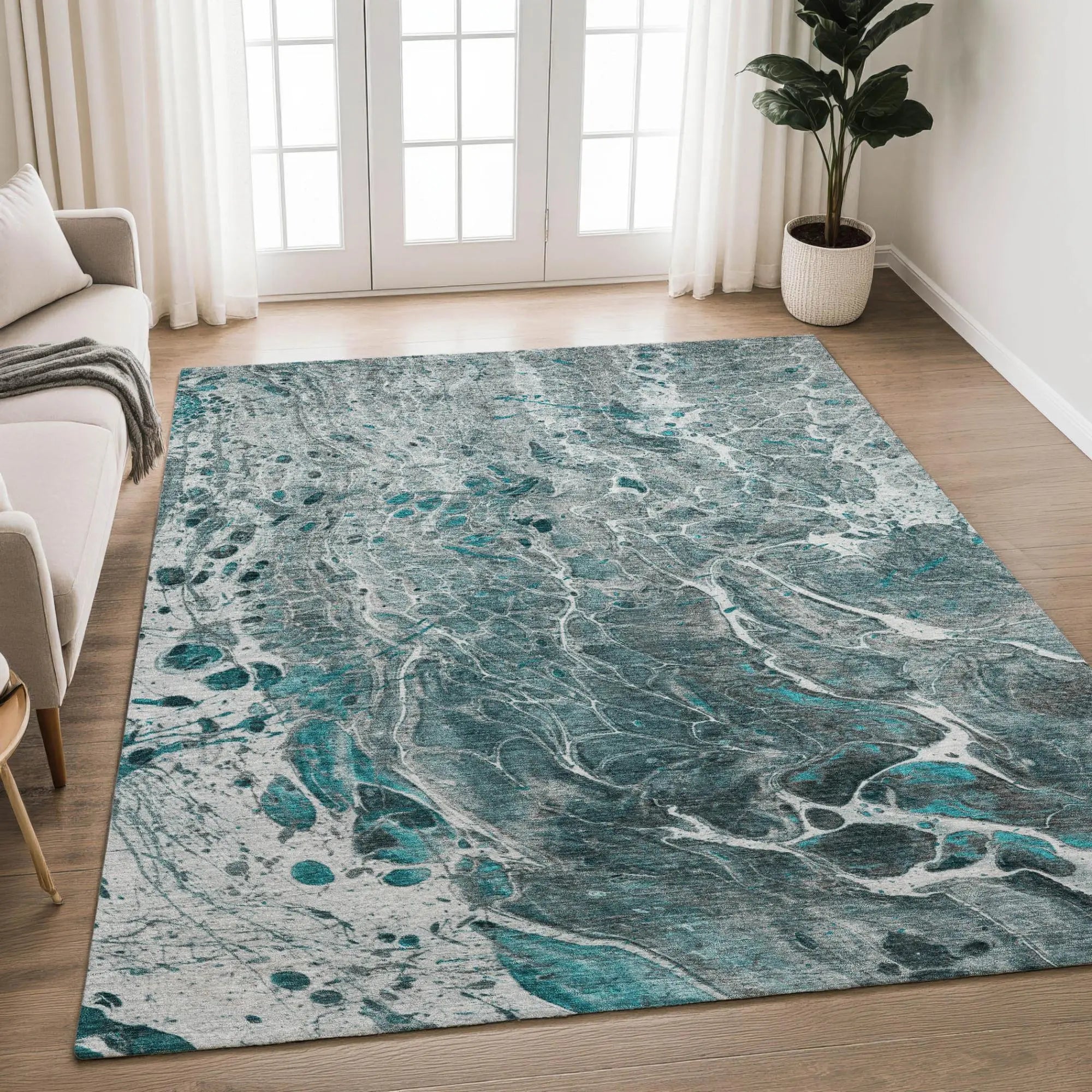 8' X 10' Teal Blue And Gray Abstract Washable Indoor Outdoor Area Rug Homeroots Outdoor