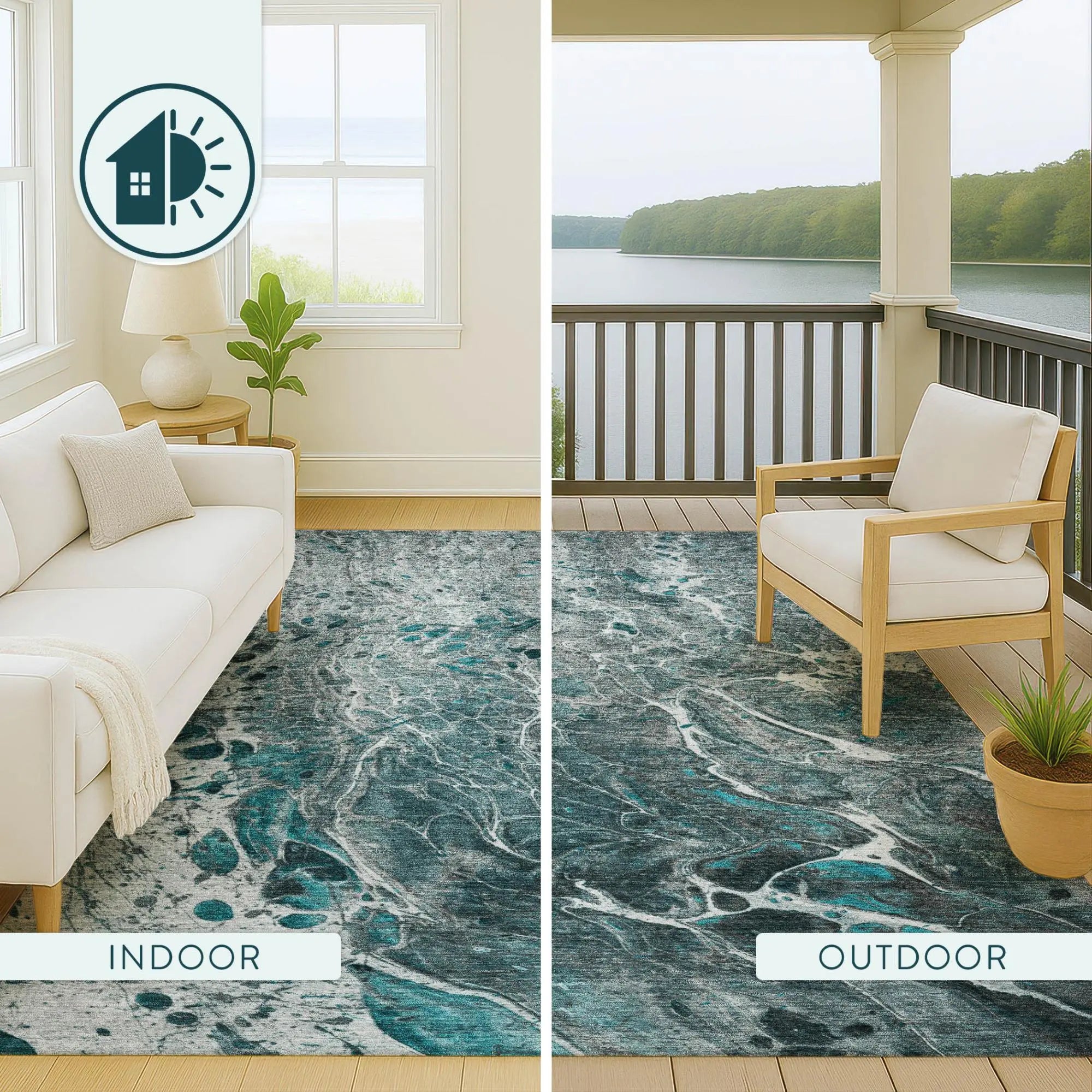 8' X 10' Teal Blue And Gray Abstract Washable Indoor Outdoor Area Rug Homeroots Outdoor