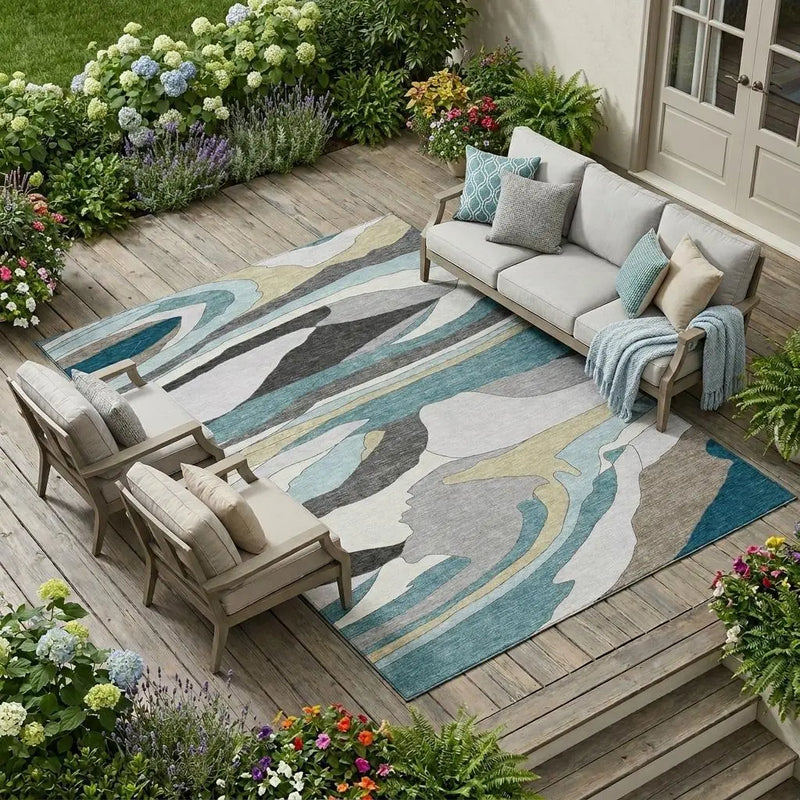 8' X 10' Teal Blue And Gray Abstract Washable Indoor Outdoor Area Rug Homeroots Outdoor