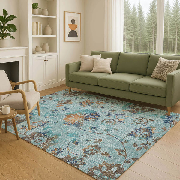 8' X 10' Teal Blue And Gray Floral Washable Indoor Outdoor Area Rug Homeroots Outdoor