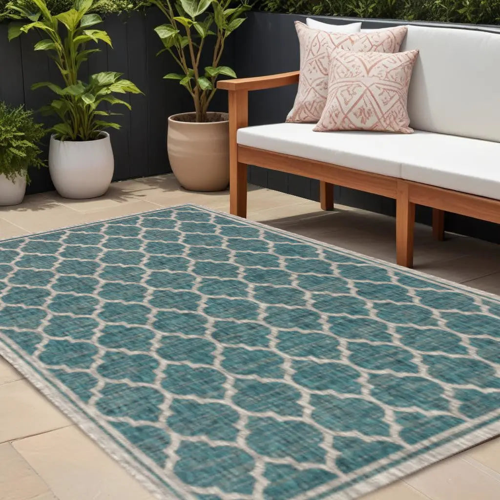 8' X 10' Teal Blue And Gray Geometric Indoor Outdoor Area Rug Homeroots Outdoor