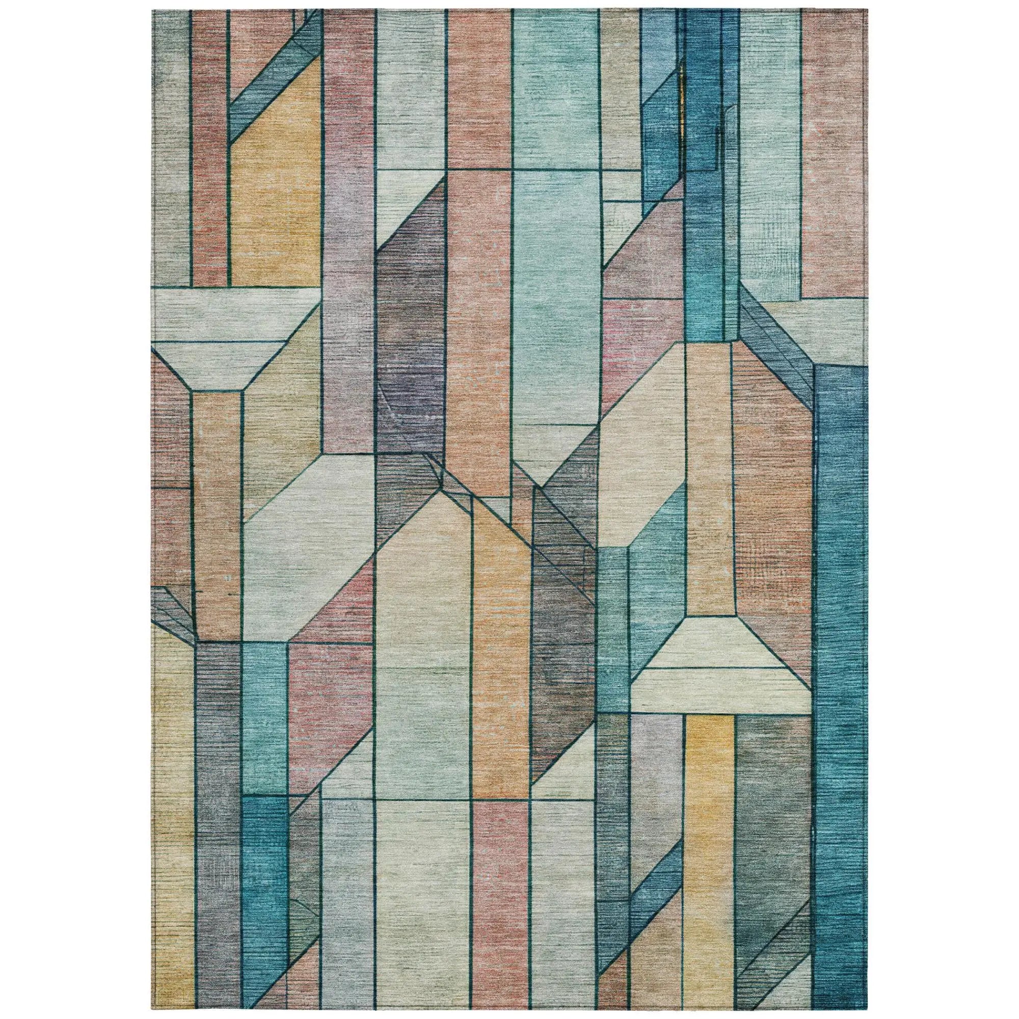 8' X 10' Teal Blue And Gray Geometric Washable Indoor Outdoor Area Rug Homeroots Outdoor