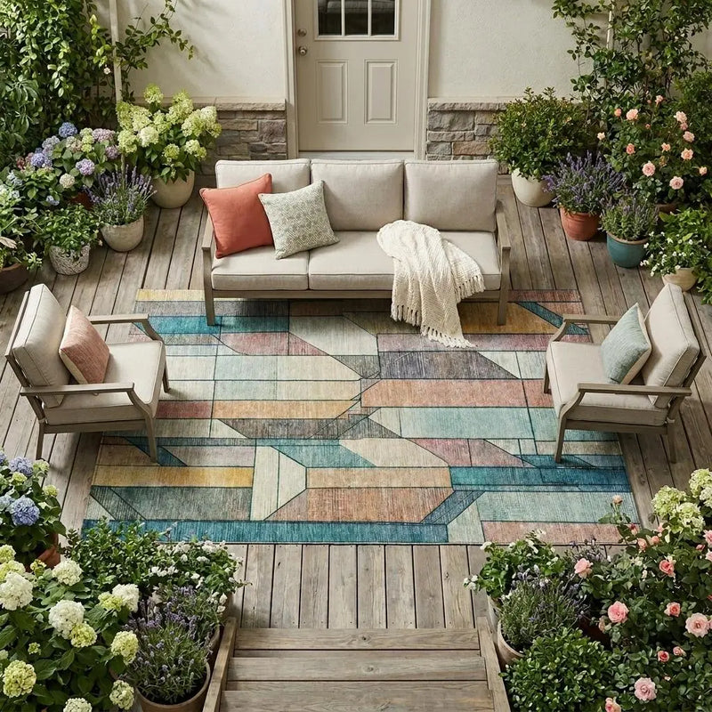 8' X 10' Teal Blue And Gray Geometric Washable Indoor Outdoor Area Rug Homeroots Outdoor